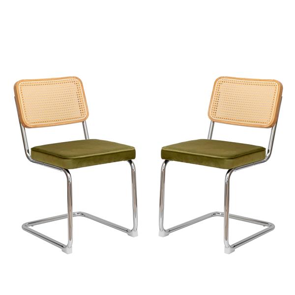 Dining Chairs Set of 2, Velvet Rattan Side Accent Chairs with Chrome Legs, Modern Mid CenturyDesigned Chairs, Upholstered Dining Living Room Kitchen Chairs (Olive Green-2pcs)