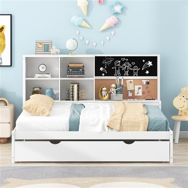 Full Size Daybed with Storage Shelves, Blackboard, Cork board, USB Ports and Twin Size Trundle, White