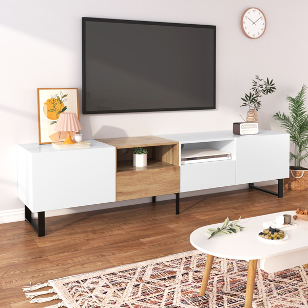 Modern TV Stand with 2 Cabinets& Open Storage Compartment, Color-matching Media Console Table for TVs up to 85'', Entertainment Center with Drop Down Door for Living Room, Bedroom, Home Theatre 