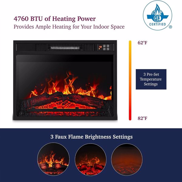 23" Electric Fireplace, 3DInfrared Black Fireplace Electric Insert Heater, with IR Remote Control, Glass View, Adjustable Realistic Logs & Flames, Indoor, 1400W 