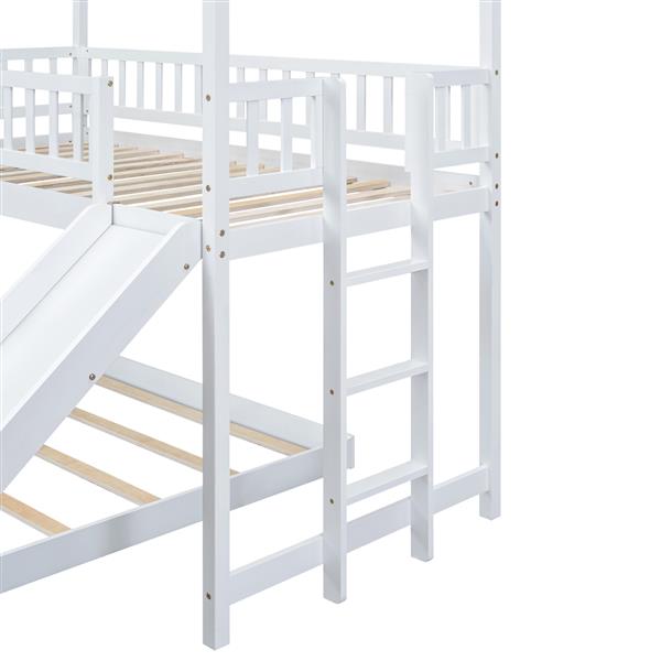 Twin over Full House Bunk Bed with Slide and Built-in Ladder, Full-Length Guardrail, White