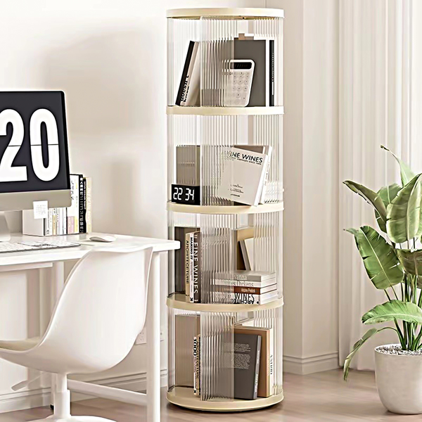 360° Rotating Bookshelf, Small Corner Bookcase with Small Footprint, 4 Tier Floor Standing Bookcasefor Kids&Adults, Narrow Book Shelf Organizer for Bedroom, Living Room, Round, White 