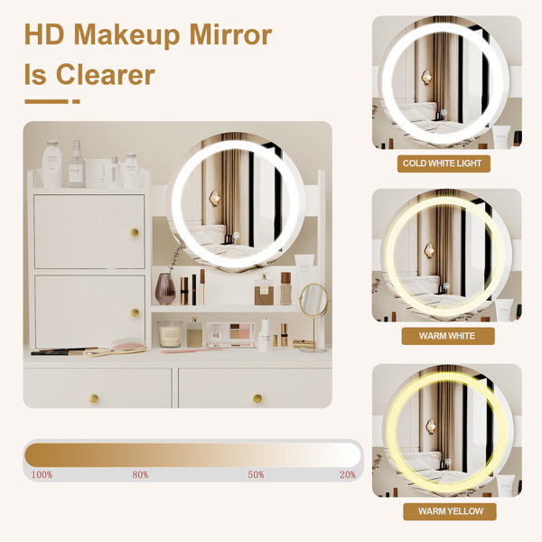 47" Vanity Desk with Mirror and Lights for Makeup and Cushioned Stool, Vanity Mirror with Lights and Table Set with 3 Color Lighting Brightness Adjustable,Dressing table