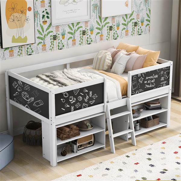 Twin Size Low Loft Bed with Two Movable Shelves and Ladder,with Decorative Guardrail Chalkboard,White