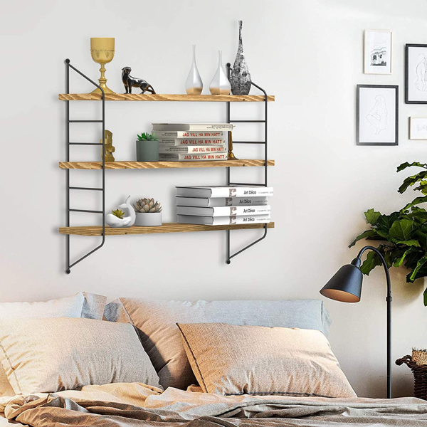 23-Inch Modern Industrial Metal and Torched Wood Adjustable Wall Mounted 3-Tier Display Floating Shelf