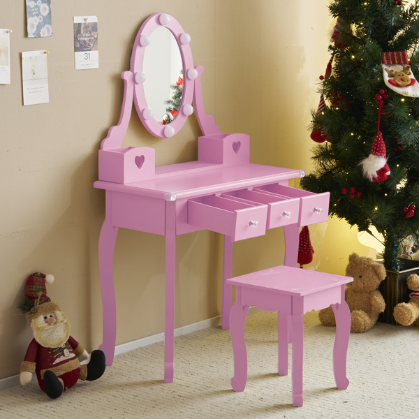 FCH Kids Vanity Set with Mirror and Lights and Stool, 5 Storage Drawers, Pretend Play Princess Makeup Desk Dressing Table and Stool Set for Little Girls Age 3+, Macaroon Purple