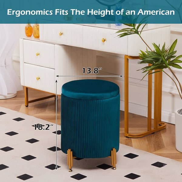 Round Ottoman Foot Stool with 23Qt Storage Velvet Footrest Stool Vanity Stool Chair Support 300lbs Modern Ottoman Coffee Table Padded Seat for Living Room Bedroom Teal