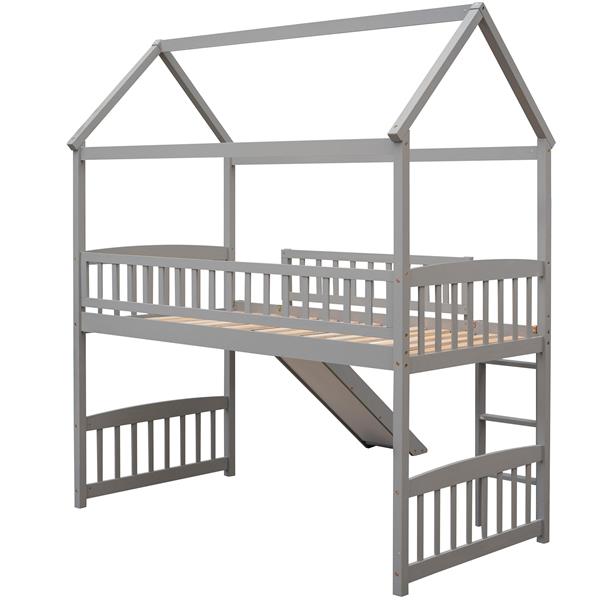 Twin Loft Bed with Slide, House Bed with Slide，Grey