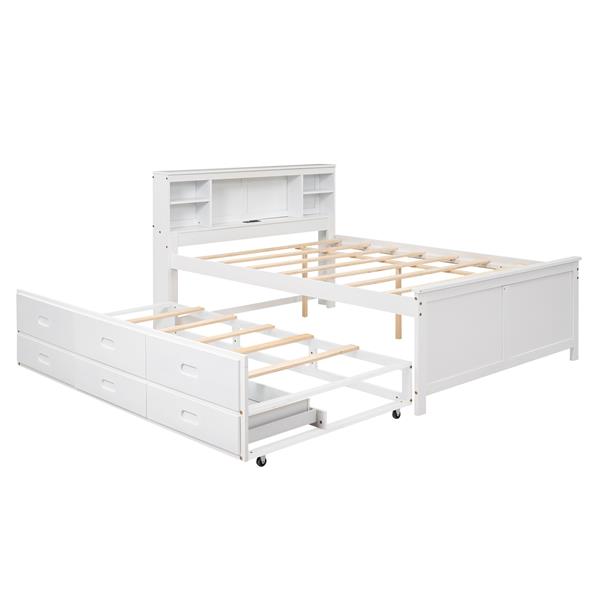 Full Size Platform Bed with Storage Headboard, USB, Twin Size Trundle and 3 Drawers, White