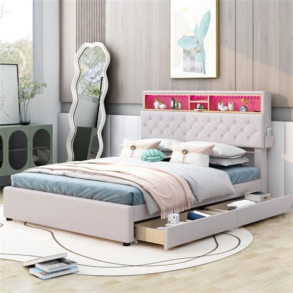 Full Size Upholstered Platform Bed with Storage Headboard, LED, USB Charging and 2 Drawers, Beige