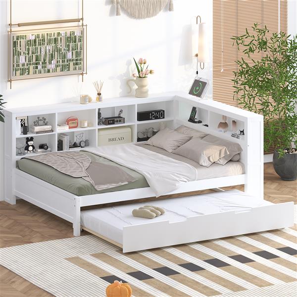 Wooden Full Size DayBed with Twin Size Trundle, DayBed with Storage Shelf and USB Charging Ports,White