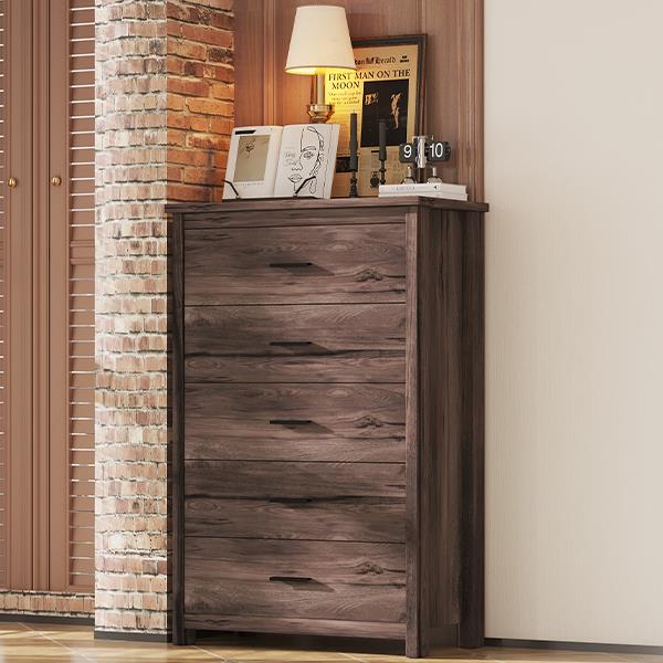 Retro American Country Style Wooden Dresser with 5 Drawer, Storage Cabinet for Bedroom, Dark Walnut