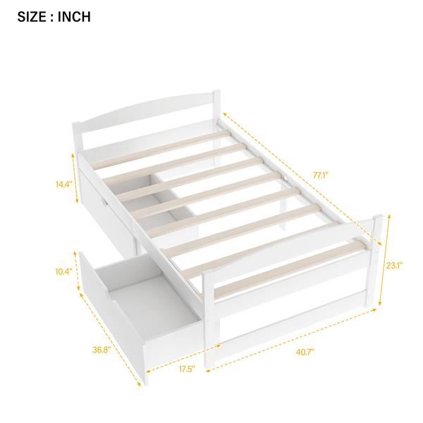 Twin size platform bed, with two drawers, white