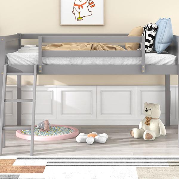 Twin Size Wood Low Loft Bed with Ladder, ladder can be placed on the left or right, Gray