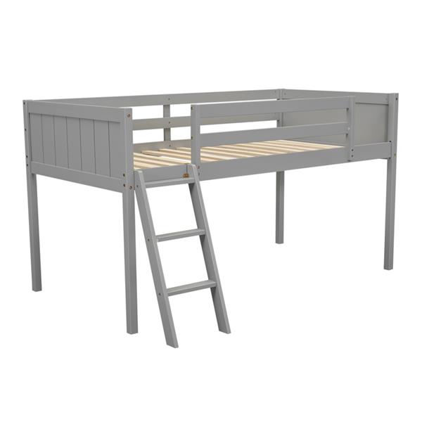 Twin Size Wood Low Loft Bed with Ladder, ladder can be placed on the left or right, Gray