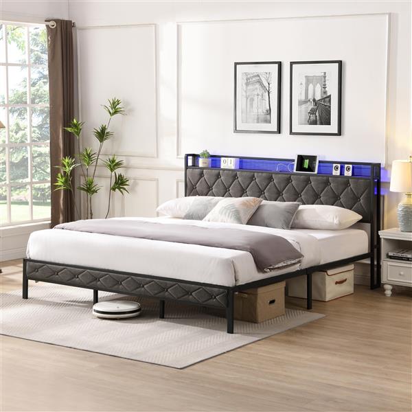 King Bed Frame with Storage Headboard, Charging Station and LED Lights, Upholstered Platform Bed with Heavy Metal Slats, No Box Spring Needed, Noise Free, Easy Assembly, Dark Gray