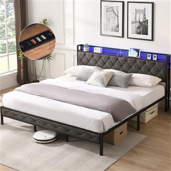 King Bed Frame with Storage Headboard, Charging Station and <b style=\\'color:red\\'>LED</b> Lights, Upholstered Platform Bed