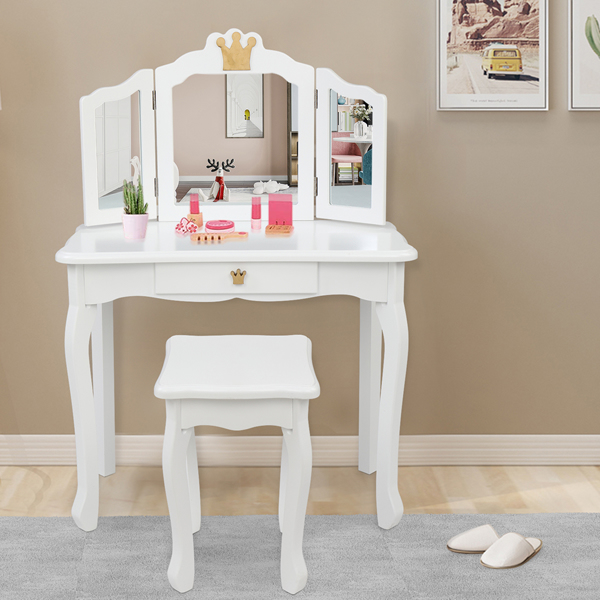 Children's Wooden Dressing Table Three-Sided Folding Mirror Dressing Table Chair Single Drawer White Crown Style