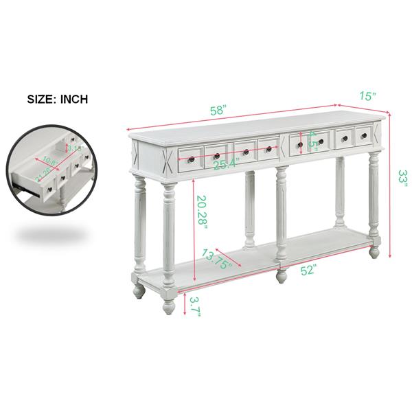 Retro Console Table Entryway Table 58" Long Sofa Table with 2 Drawers in Same Size and Bottom Shelf for Storage (Antique White)