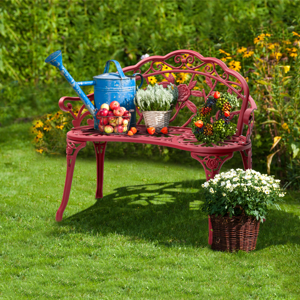 Outdoor Cast Aluminum Patio Bench, Porch Bench Chair with Curved Legs Rose Pattern, Red