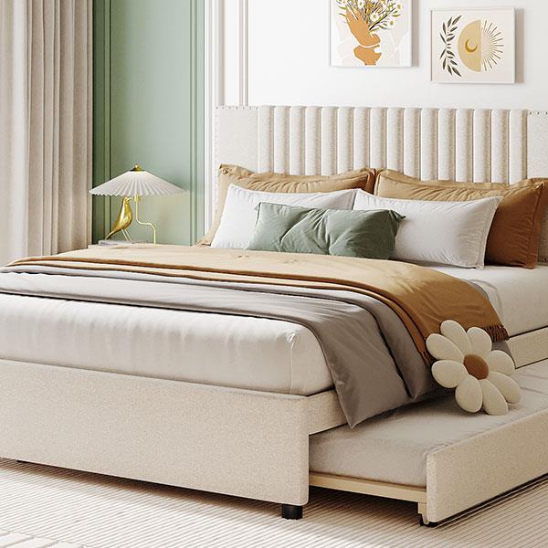 Queen Size Upholstered Platform Bed with 2 Drawers and 1 Twin XL Trundle, Classic Headboard Design, Beige