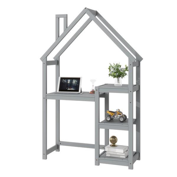 House-shaped Wooden writing Desk,Kids study Table,Bookshelf & Toy Storage,Grey