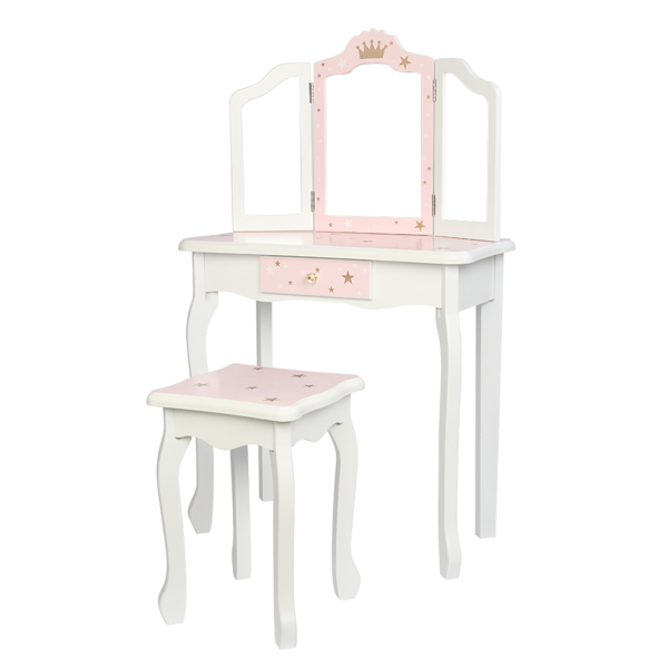 Wooden Toy Children's Dressing Table Three Foldable Mirror/Chair/Single Drawer Pink Star Style