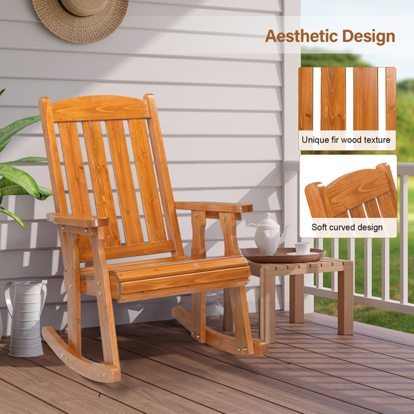 Teak color fir vertical stripe back wooden rocking chair