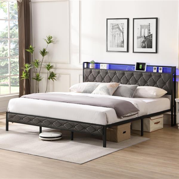 King Bed Frame with Storage Headboard, Charging Station and LED Lights, Upholstered Platform Bed with Heavy Metal Slats, No Box Spring Needed, Noise Free, Easy Assembly, Dark Gray