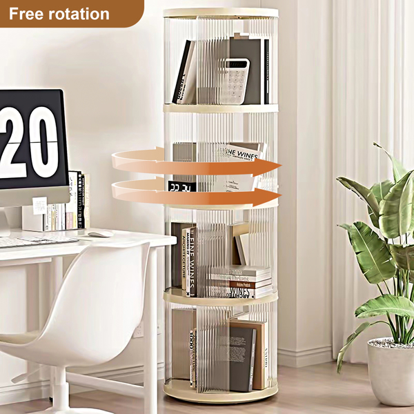 360° Rotating Bookshelf, Small Corner Bookcase with Small Footprint, 4 Tier Floor Standing Bookcase for Kids&Adults, Narrow Book Shelf Organizer for Bedroom, Living Room, Round, White 