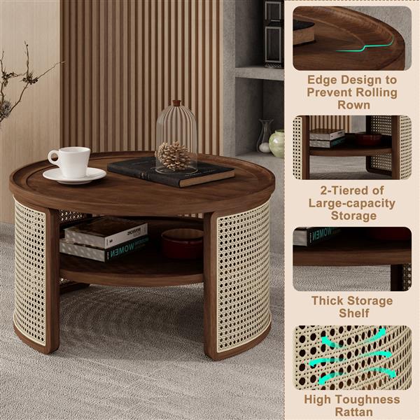 2-Tiered Round Walnut Wood Coffee Table with Storage Rattan Base in 31.3''