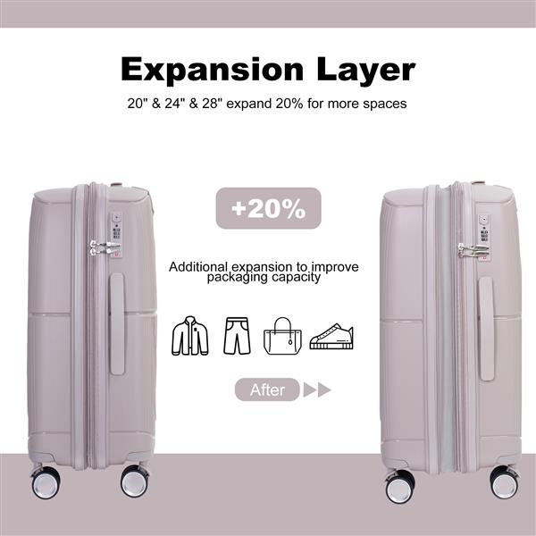 Expandable Hardshell Suitcase Double Spinner Wheels PP Luggage Sets Lightweight Durable Suitcase with TSA Lock,3-Piece Set (20/24/28) , Griege