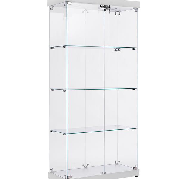 4-Tier Glass Display Cabinet, Double Door Glass Cabinet, Four Partitions, Two Locks, Floor Standing Storage Cabinet for Living Room, Bedroom, Showroom and Office, White, 31.5"L x 14.2"W x 66.3"H