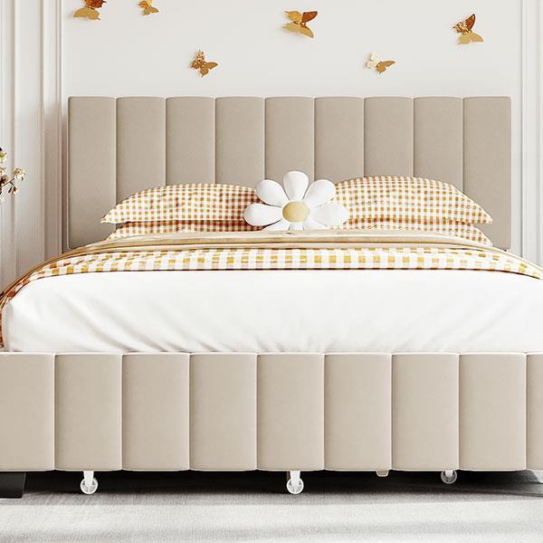 Queen Size Velvet Upholstered Platform Bed with 2 Drawers and 1 Twin XL Trundle- Beige