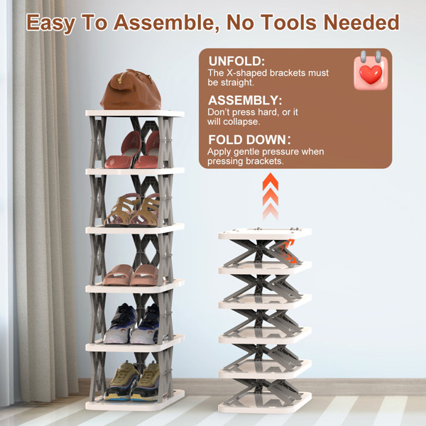 6 Tier Foldable Shoe Rack Vertical Shoe Organizer Narrow Shoe Rack for Small Spaces Space Saving Free Standing for Corner Entryway Hallway Bedroom