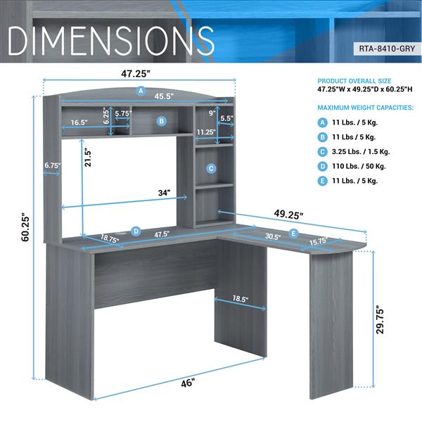 Modern L-Shaped Desk with Hutch, Grey