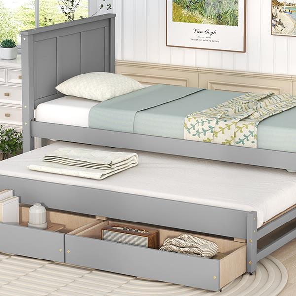 Twin Size Platform Bed with Trundle and Drawers, Gray