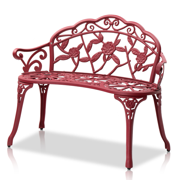 Outdoor Cast Aluminum Patio Bench, Porch Bench Chair with Curved Legs Rose Pattern, Red