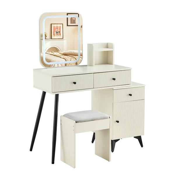 Fluted Makeup Vanity Desk with SQUARE LED  Mirror and Lights, Modern Glass Top Big Vanity Table with 4 Drawers & Adjustable Shelves, Dressing Table Set  with stools table with movable side table