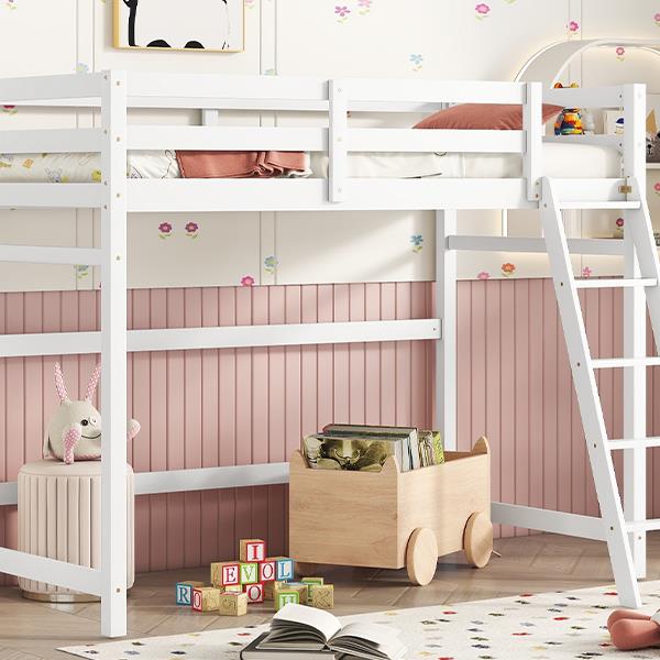 Twin Size High Loft Bed with inclined Ladder, Guardrails,White