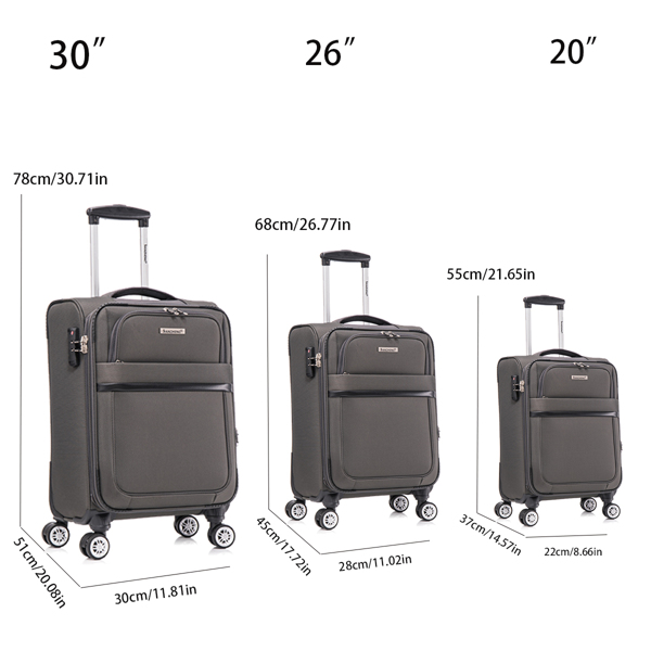 3-piece fabric soft luggage set with swivel wheels and password lock, 20/26/30 inches,Grey