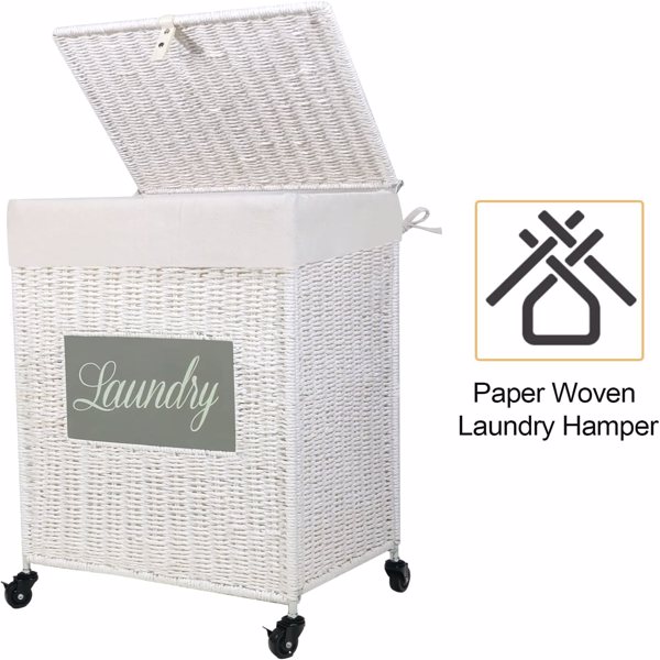 Laundry Hamper with Lid Laundry Basket with Handles Liner Bag Paper Woven Hampers for Laundry Clothes Storage Basket for Bedroom Bathroom (White)