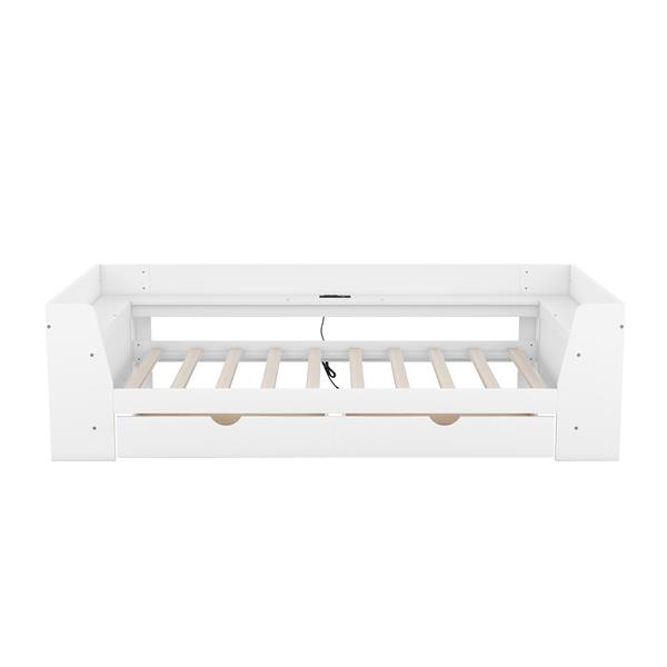 Twin Size Daybed with Shelves, Drawers and Built-In Charging Station, White