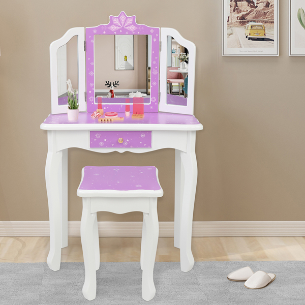 Children's Wooden Dressing Table Three-Sided Folding Mirror Dressing Table  Chair Single Drawer Purple   Snowflake Style