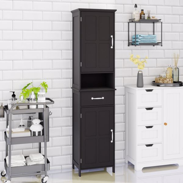 Double Door Narrow Height Slim Floor Standing Cabinet with 2 Adjustable Shelves-Black 