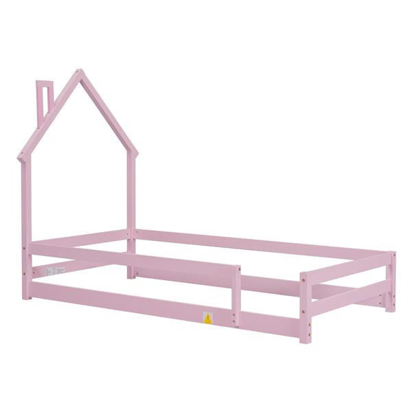 Twin Size Wood bed with House-shaped Headboard Floor bed with Fences,Pink