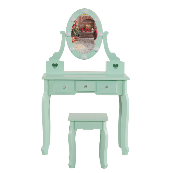 FCH Kids Vanity Set with Mirror and Lights and Stool, 5 Storage Drawers, Pretend Play Princess Makeup Desk Dressing Table and Stool Set for Little Girls Age 3+, Macaroon Green