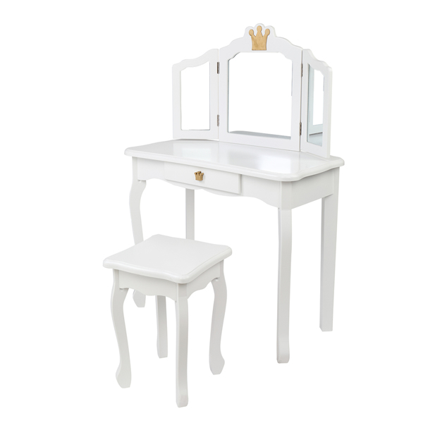 Children's Wooden Dressing Table Three-Sided Folding Mirror Dressing Table Chair Single Drawer White Crown Style