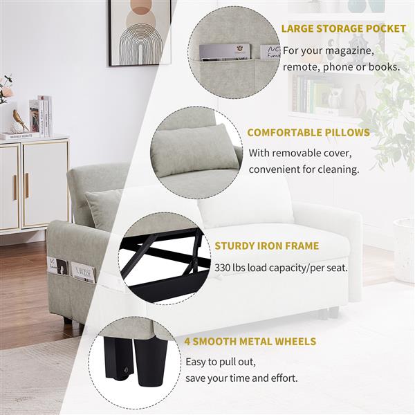 55.1" Pull Out Sleep Sofa Bed Loveseats Sofa Couch with Adjsutable Backrest, Storage Pockets, 2 Soft Pillows, USB Ports for Living Room, Bedroom, Apartment, Office, Beige