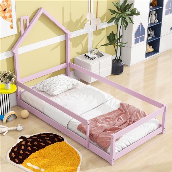 Twin Size Wood bed with House-shaped Headboard Floor bed with Fences,Pink